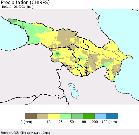 Azerbaijan, Armenia and Georgia Precipitation (CHIRPS) Thematic Map For 12/11/2023 - 12/20/2023