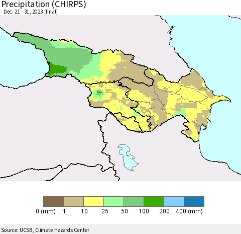 Azerbaijan, Armenia and Georgia Precipitation (CHIRPS) Thematic Map For 12/21/2023 - 12/31/2023