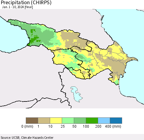 Azerbaijan, Armenia and Georgia Precipitation (CHIRPS) Thematic Map For 1/1/2024 - 1/10/2024