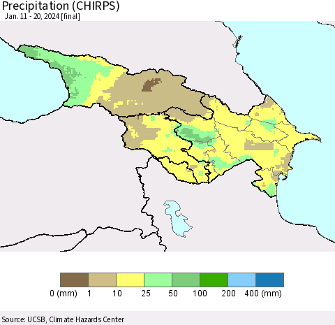 Azerbaijan, Armenia and Georgia Precipitation (CHIRPS) Thematic Map For 1/11/2024 - 1/20/2024
