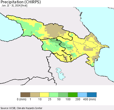 Azerbaijan, Armenia and Georgia Precipitation (CHIRPS) Thematic Map For 1/21/2024 - 1/31/2024