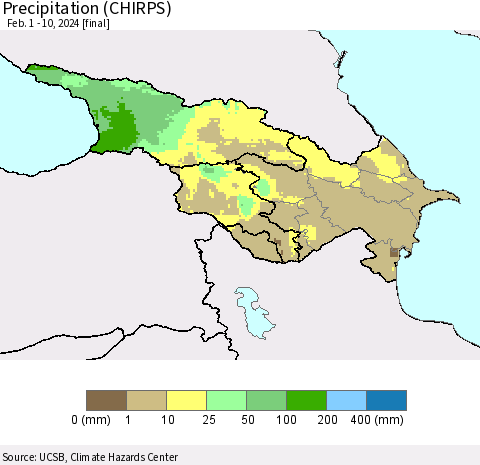 Azerbaijan, Armenia and Georgia Precipitation (CHIRPS) Thematic Map For 2/1/2024 - 2/10/2024