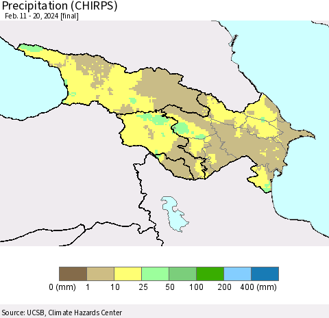 Azerbaijan, Armenia and Georgia Precipitation (CHIRPS) Thematic Map For 2/11/2024 - 2/20/2024