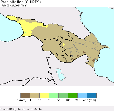 Azerbaijan, Armenia and Georgia Precipitation (CHIRPS) Thematic Map For 2/21/2024 - 2/29/2024