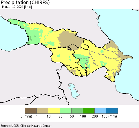 Azerbaijan, Armenia and Georgia Precipitation (CHIRPS) Thematic Map For 3/1/2024 - 3/10/2024