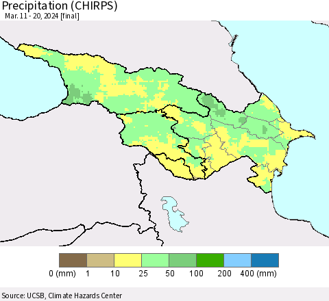 Azerbaijan, Armenia and Georgia Precipitation (CHIRPS) Thematic Map For 3/11/2024 - 3/20/2024