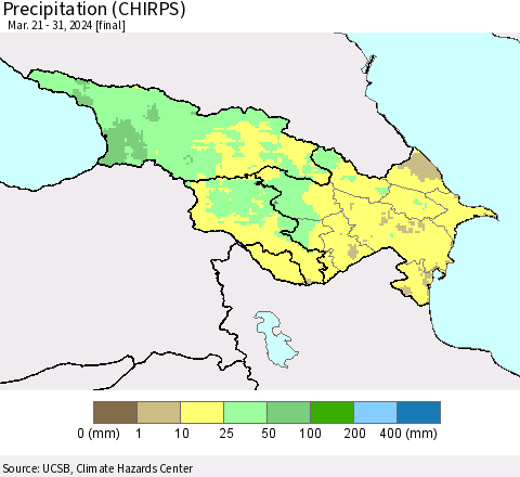 Azerbaijan, Armenia and Georgia Precipitation (CHIRPS) Thematic Map For 3/21/2024 - 3/31/2024
