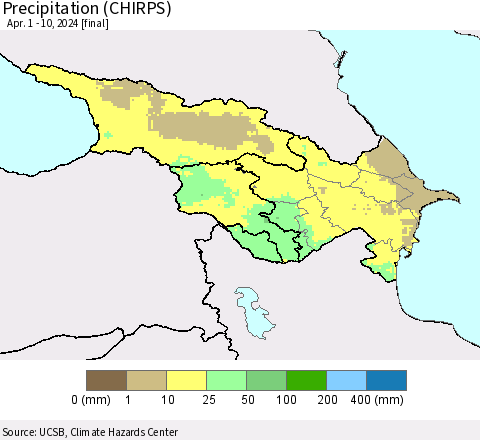 Azerbaijan, Armenia and Georgia Precipitation (CHIRPS) Thematic Map For 4/1/2024 - 4/10/2024