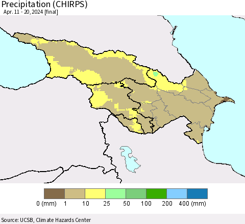 Azerbaijan, Armenia and Georgia Precipitation (CHIRPS) Thematic Map For 4/11/2024 - 4/20/2024
