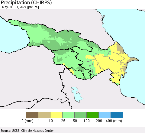 Azerbaijan, Armenia and Georgia Precipitation (CHIRPS) Thematic Map For 5/21/2024 - 5/31/2024