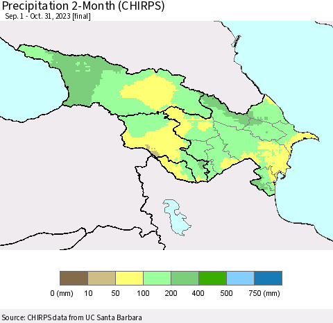 Azerbaijan, Armenia and Georgia Precipitation 2-Month (CHIRPS) Thematic Map For 9/1/2023 - 10/31/2023