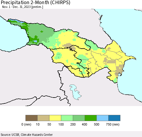 Azerbaijan, Armenia and Georgia Precipitation 2-Month (CHIRPS) Thematic Map For 11/1/2023 - 12/31/2023