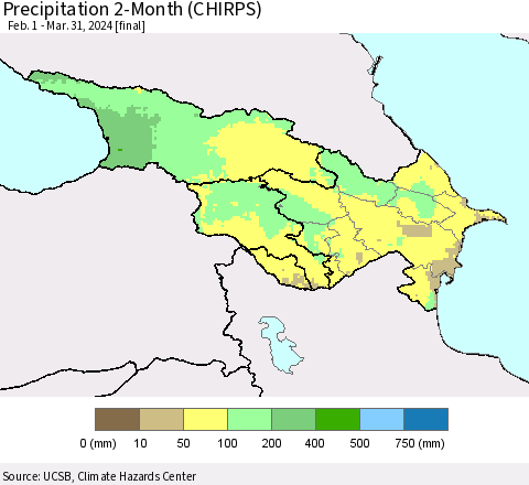 Azerbaijan, Armenia and Georgia Precipitation 2-Month (CHIRPS) Thematic Map For 2/1/2024 - 3/31/2024
