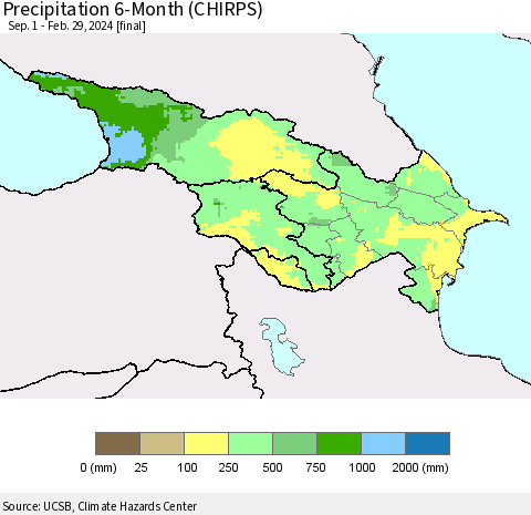 Azerbaijan, Armenia and Georgia Precipitation 6-Month (CHIRPS) Thematic Map For 9/1/2023 - 2/29/2024