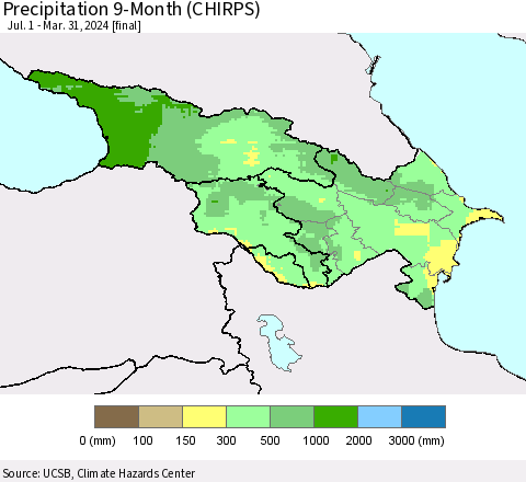 Azerbaijan, Armenia and Georgia Precipitation 9-Month (CHIRPS) Thematic Map For 7/1/2023 - 3/31/2024