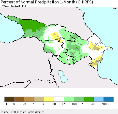 Azerbaijan, Armenia and Georgia Percent of Normal Precipitation 1-Month (CHIRPS) Thematic Map For 11/1/2023 - 11/30/2023
