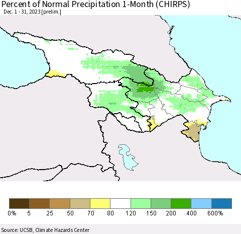 Azerbaijan, Armenia and Georgia Percent of Normal Precipitation 1-Month (CHIRPS) Thematic Map For 12/1/2023 - 12/31/2023