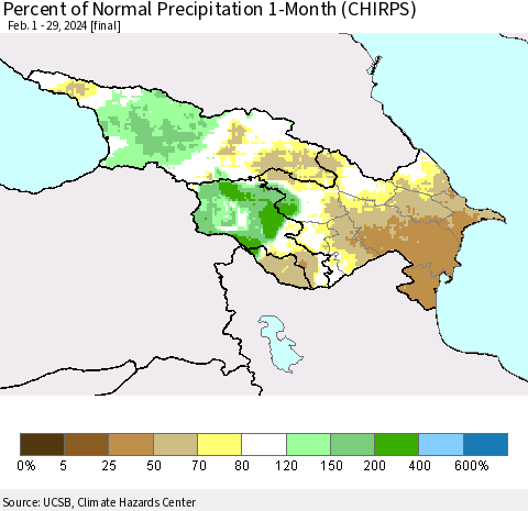 Azerbaijan, Armenia and Georgia Percent of Normal Precipitation 1-Month (CHIRPS) Thematic Map For 2/1/2024 - 2/29/2024