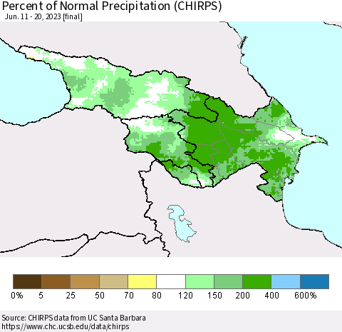 Azerbaijan, Armenia and Georgia Percent of Normal Precipitation (CHIRPS) Thematic Map For 6/11/2023 - 6/20/2023