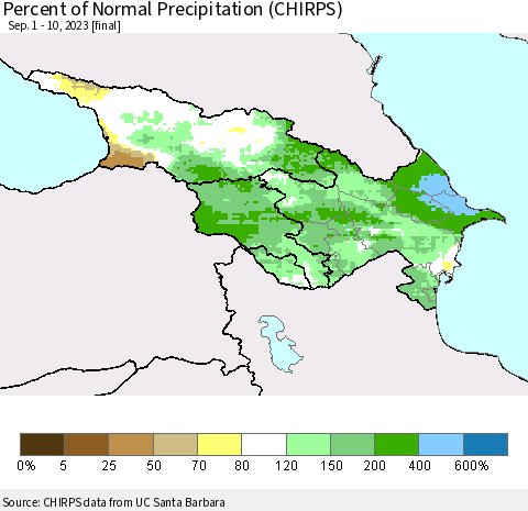 Azerbaijan, Armenia and Georgia Percent of Normal Precipitation (CHIRPS) Thematic Map For 9/1/2023 - 9/10/2023