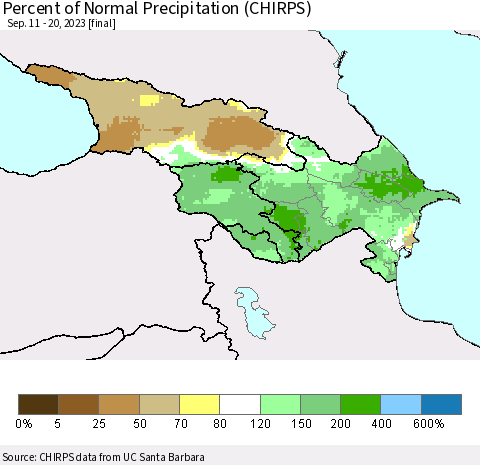 Azerbaijan, Armenia and Georgia Percent of Normal Precipitation (CHIRPS) Thematic Map For 9/11/2023 - 9/20/2023