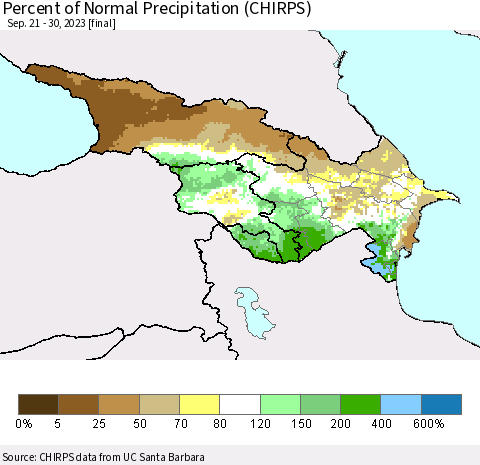 Azerbaijan, Armenia and Georgia Percent of Normal Precipitation (CHIRPS) Thematic Map For 9/21/2023 - 9/30/2023