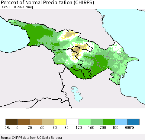 Azerbaijan, Armenia and Georgia Percent of Normal Precipitation (CHIRPS) Thematic Map For 10/1/2023 - 10/10/2023