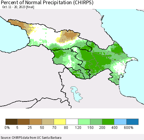 Azerbaijan, Armenia and Georgia Percent of Normal Precipitation (CHIRPS) Thematic Map For 10/11/2023 - 10/20/2023