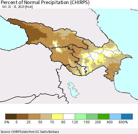 Azerbaijan, Armenia and Georgia Percent of Normal Precipitation (CHIRPS) Thematic Map For 10/21/2023 - 10/31/2023