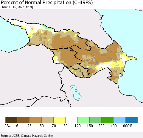 Azerbaijan, Armenia and Georgia Percent of Normal Precipitation (CHIRPS) Thematic Map For 11/1/2023 - 11/10/2023