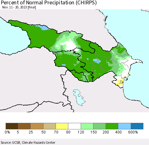 Azerbaijan, Armenia and Georgia Percent of Normal Precipitation (CHIRPS) Thematic Map For 11/11/2023 - 11/20/2023