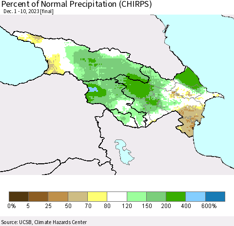 Azerbaijan, Armenia and Georgia Percent of Normal Precipitation (CHIRPS) Thematic Map For 12/1/2023 - 12/10/2023