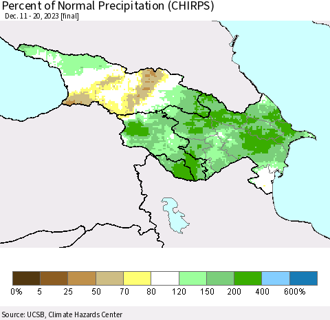 Azerbaijan, Armenia and Georgia Percent of Normal Precipitation (CHIRPS) Thematic Map For 12/11/2023 - 12/20/2023