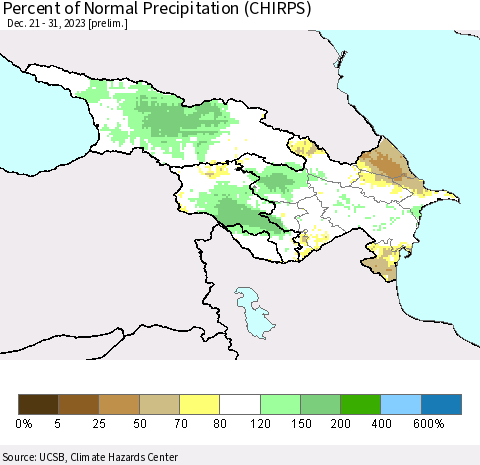 Azerbaijan, Armenia and Georgia Percent of Normal Precipitation (CHIRPS) Thematic Map For 12/21/2023 - 12/31/2023