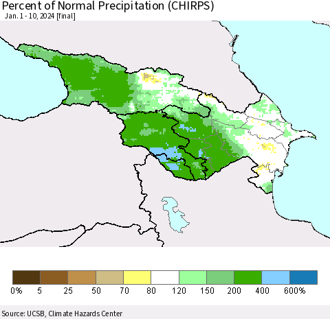 Azerbaijan, Armenia and Georgia Percent of Normal Precipitation (CHIRPS) Thematic Map For 1/1/2024 - 1/10/2024
