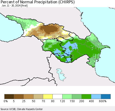 Azerbaijan, Armenia and Georgia Percent of Normal Precipitation (CHIRPS) Thematic Map For 1/11/2024 - 1/20/2024