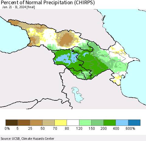 Azerbaijan, Armenia and Georgia Percent of Normal Precipitation (CHIRPS) Thematic Map For 1/21/2024 - 1/31/2024