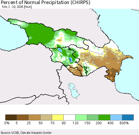 Azerbaijan, Armenia and Georgia Percent of Normal Precipitation (CHIRPS) Thematic Map For 2/1/2024 - 2/10/2024