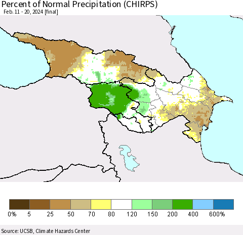Azerbaijan, Armenia and Georgia Percent of Normal Precipitation (CHIRPS) Thematic Map For 2/11/2024 - 2/20/2024