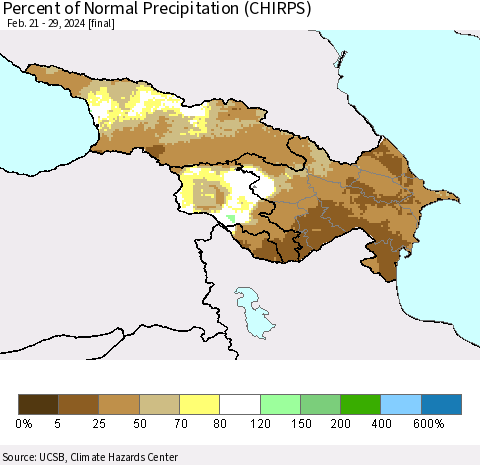 Azerbaijan, Armenia and Georgia Percent of Normal Precipitation (CHIRPS) Thematic Map For 2/21/2024 - 2/29/2024
