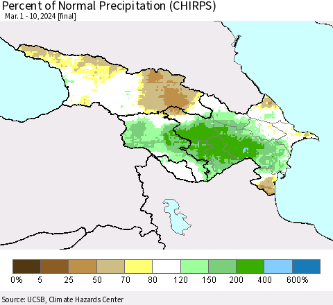 Azerbaijan, Armenia and Georgia Percent of Normal Precipitation (CHIRPS) Thematic Map For 3/1/2024 - 3/10/2024