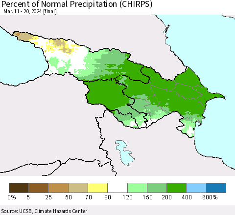 Azerbaijan, Armenia and Georgia Percent of Normal Precipitation (CHIRPS) Thematic Map For 3/11/2024 - 3/20/2024