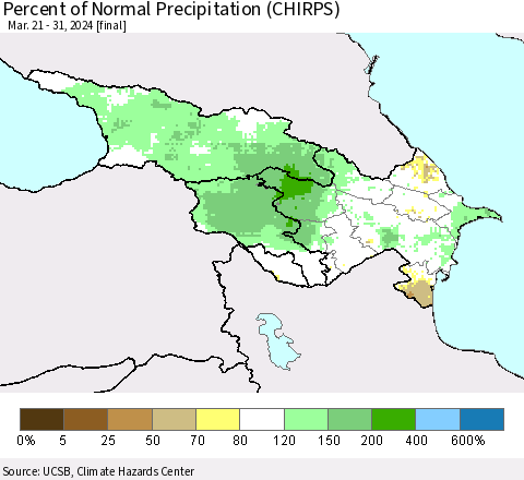 Azerbaijan, Armenia and Georgia Percent of Normal Precipitation (CHIRPS) Thematic Map For 3/21/2024 - 3/31/2024