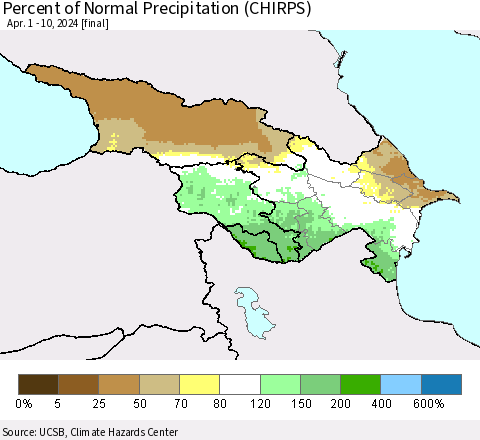 Azerbaijan, Armenia and Georgia Percent of Normal Precipitation (CHIRPS) Thematic Map For 4/1/2024 - 4/10/2024