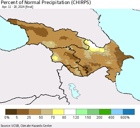 Azerbaijan, Armenia and Georgia Percent of Normal Precipitation (CHIRPS) Thematic Map For 4/11/2024 - 4/20/2024