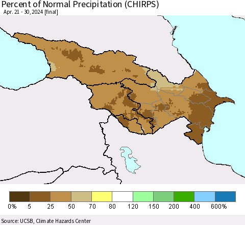 Azerbaijan, Armenia and Georgia Percent of Normal Precipitation (CHIRPS) Thematic Map For 4/21/2024 - 4/30/2024