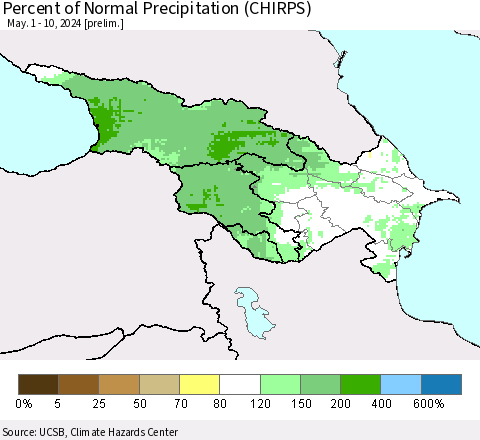 Azerbaijan, Armenia and Georgia Percent of Normal Precipitation (CHIRPS) Thematic Map For 5/1/2024 - 5/10/2024