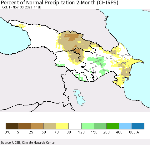 Azerbaijan, Armenia and Georgia Percent of Normal Precipitation 2-Month (CHIRPS) Thematic Map For 10/1/2023 - 11/30/2023