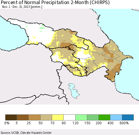 Azerbaijan, Armenia and Georgia Percent of Normal Precipitation 2-Month (CHIRPS) Thematic Map For 11/1/2023 - 12/31/2023