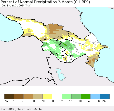 Azerbaijan, Armenia and Georgia Percent of Normal Precipitation 2-Month (CHIRPS) Thematic Map For 12/1/2023 - 1/31/2024